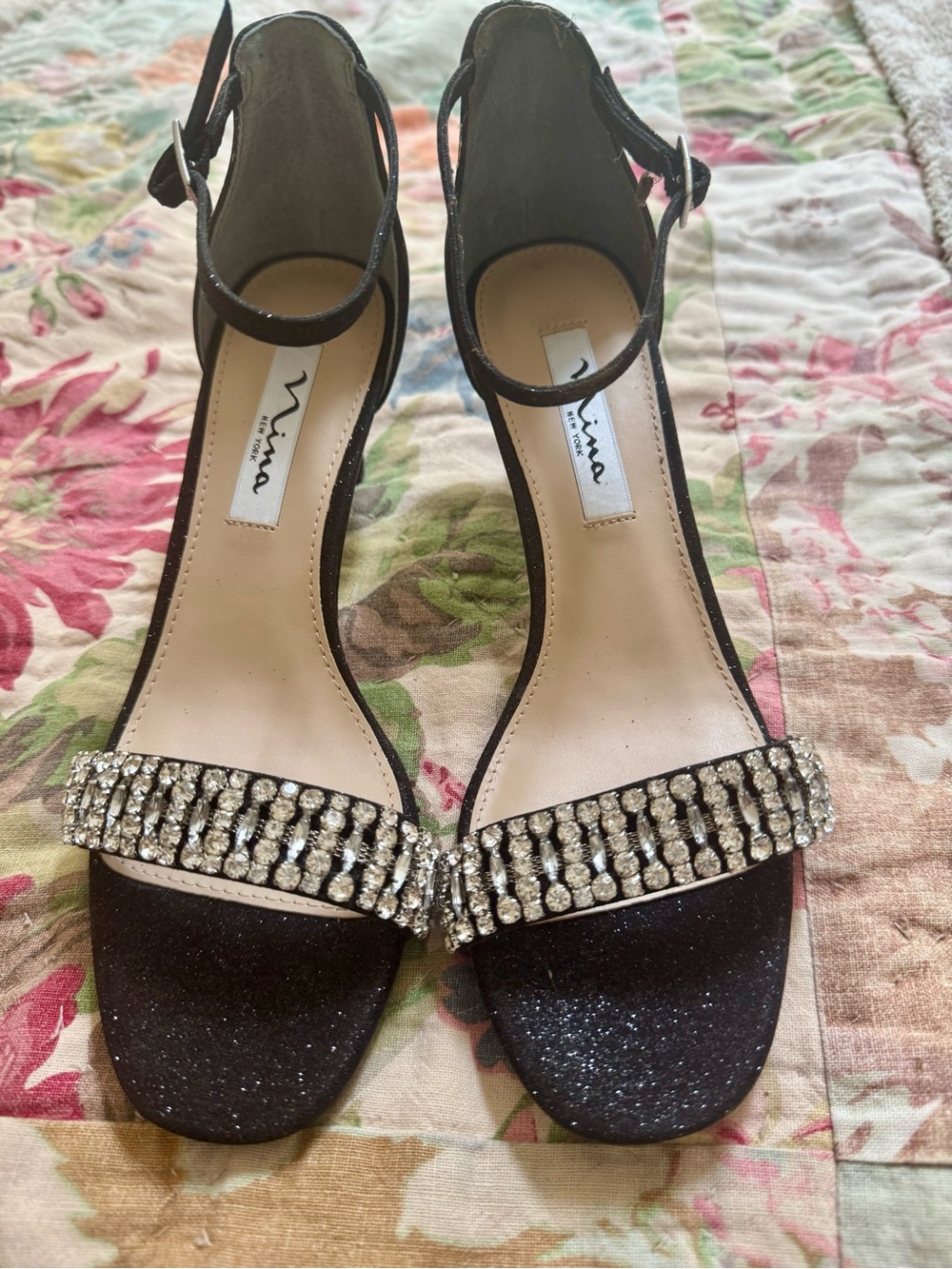 Nina Black Glitter Sandals with Crystal Front Band